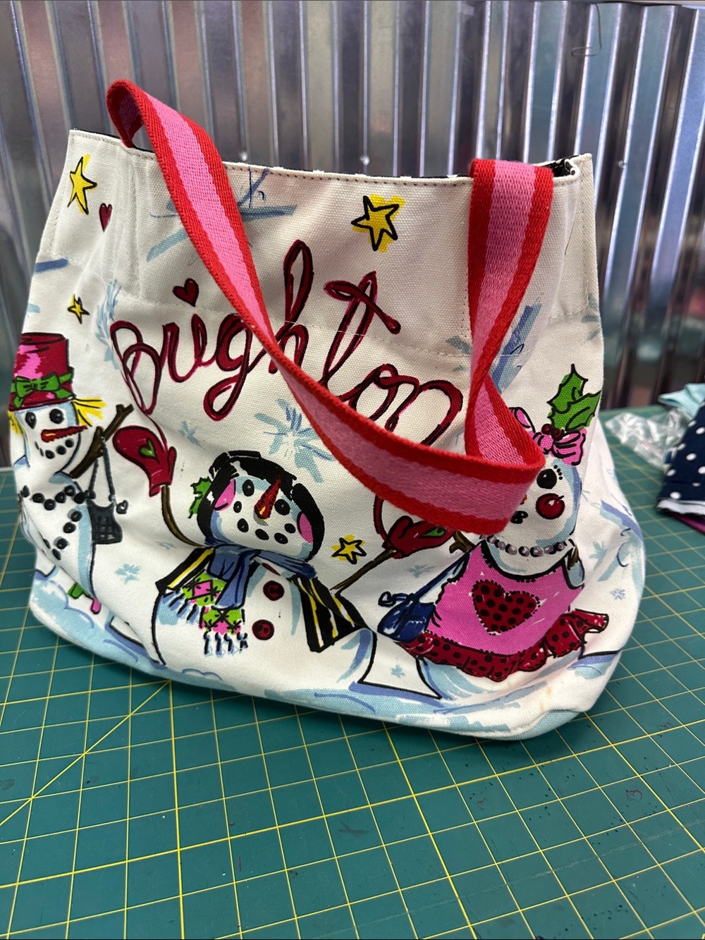 Brighton White Snowman Print Tote Bag with Pink/Red Straps